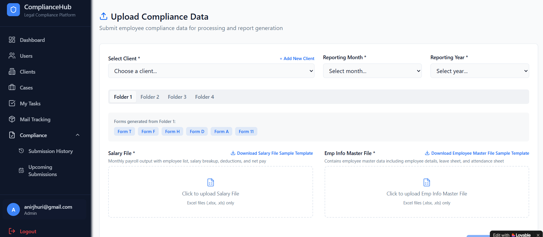 Upload Compliance Data screen for monthly payroll and employee master files