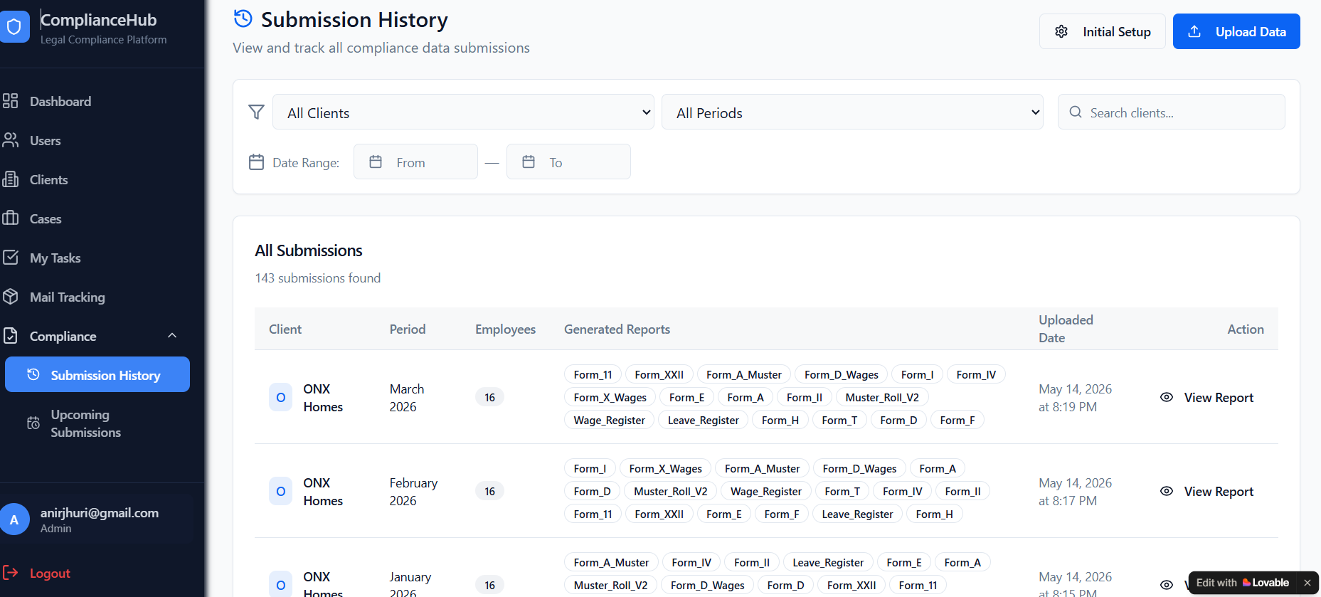 Submission History showing generated statutory reports across clients and periods